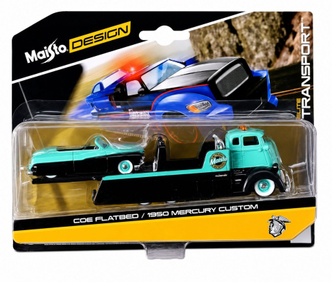 Avioane si Elicoptere jucărie - MAISTO DESIGN ELITE TRANSPORT SET CAMION CU RAMPA COE FLATBED SI MASINUTA MERCURY CUSTOM 1950 SCARA 1 LA 64