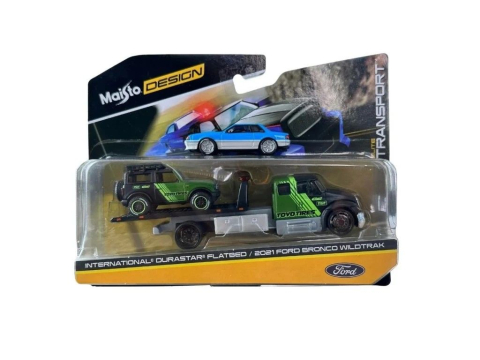 Avioane si Elicoptere jucărie - MAISTO DESIGN ELITE TRANSPORT SET CAMION CU RAMPA INTERNATIONAL DURASTAR FLATBED SI MASINUTA FORD BRONCO WILDTRAK 2021 SCARA 1 LA 64