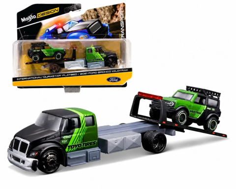 MAISTO DESIGN ELITE TRANSPORT SET CAMION CU RAMPA INTERNATIONAL DURASTAR FLATBED SI MASINUTA FORD BRONCO WILDTRAK 2021 SCARA 1 LA 64 [3]