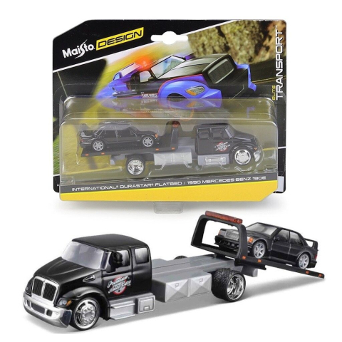 MAISTO DESIGN ELITE TRANSPORT SET CAMION CU RAMPA INTERNATIONAL DURASTAR FLATBED SI MASINUTA MERCEDES BENZ 190E 1990 SCARA 1 LA 64 [3]