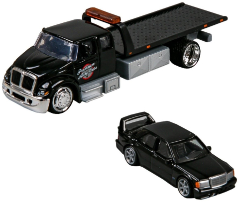 MAISTO DESIGN ELITE TRANSPORT SET CAMION CU RAMPA INTERNATIONAL DURASTAR FLATBED SI MASINUTA MERCEDES BENZ 190E 1990 SCARA 1 LA 64 [1]