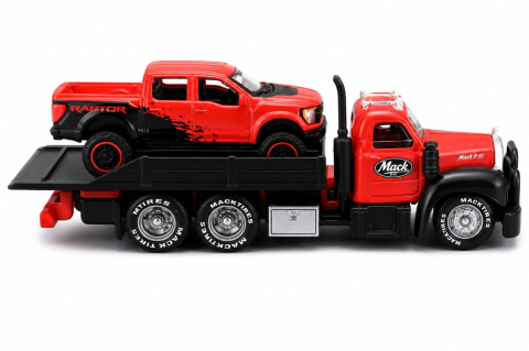 MAISTO DESIGN ELITE TRANSPORT SET CAMION CU RAMPA MACK B 61 FLATBED 1953 SI MASINUTA FORD F150 RAPTOR 2021 SCARA 1 LA 64 [2]