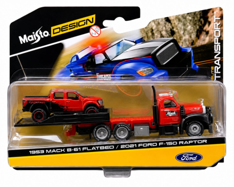 Avioane si Elicoptere jucărie - MAISTO DESIGN ELITE TRANSPORT SET CAMION CU RAMPA MACK B 61 FLATBED 1953 SI MASINUTA FORD F150 RAPTOR 2021 SCARA 1 LA 64