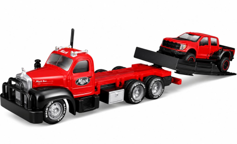 MAISTO DESIGN ELITE TRANSPORT SET CAMION CU RAMPA MACK B 61 FLATBED 1953 SI MASINUTA FORD F150 RAPTOR 2021 SCARA 1 LA 64 [1]