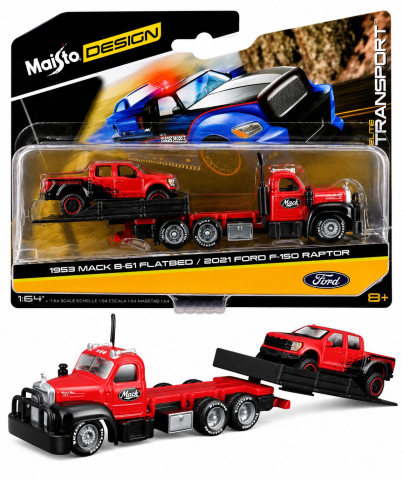 MAISTO DESIGN ELITE TRANSPORT SET CAMION CU RAMPA MACK B 61 FLATBED 1953 SI MASINUTA FORD F150 RAPTOR 2021 SCARA 1 LA 64 [3]