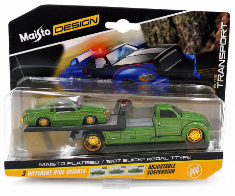 Avioane si Elicoptere jucărie - MAISTO DESIGN ELITE TRANSPORT SET CAMION CU RAMPA MAISTO FLATBED SI MASINUTA BUICK REGAL T TYPE 1987 SCARA 1 LA 64