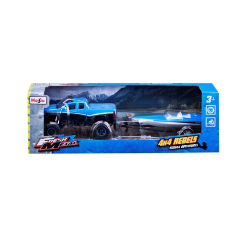 Jocuri si articole copii - MAISTO MASINUTA METALICA 4X4 REBELS RUGGED ADVENTURES ALBASTRU CU REMORCA