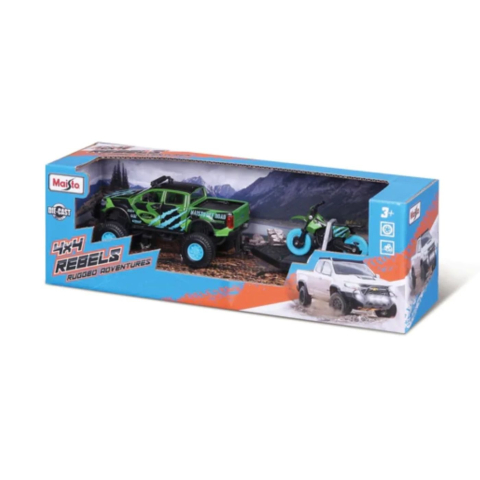 Jocuri si articole copii - MAISTO MASINUTA METALICA 4X4 REBELS RUGGED ADVENTURES VERDE CU REMORCA
