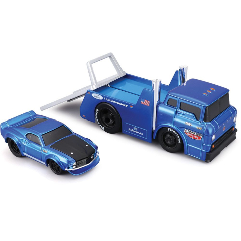 MAISTO MUSCLE TRANSPORTS SET CAMION CU PLATFORMA FORD C600 FLATBED 1966 SI MASINUTA FORD MUSTANG GT 1969  SCARA 1 LA 64 [7]