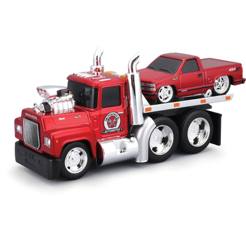 MAISTO MUSCLE TRANSPORTS SET CAMION CU PLATFORMA MACK R685ST FLATBED 1980 SI MASINUTA CHEVROLET 454 SS PICKUP 1993 SCARA 1 LA 64 [1]