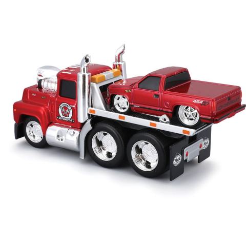 MAISTO MUSCLE TRANSPORTS SET CAMION CU PLATFORMA MACK R685ST FLATBED 1980 SI MASINUTA CHEVROLET 454 SS PICKUP 1993 SCARA 1 LA 64 [7]