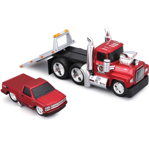 MAISTO MUSCLE TRANSPORTS SET CAMION CU PLATFORMA MACK R685ST FLATBED 1980 SI MASINUTA CHEVROLET 454 SS PICKUP 1993 SCARA 1 LA 64 [8]