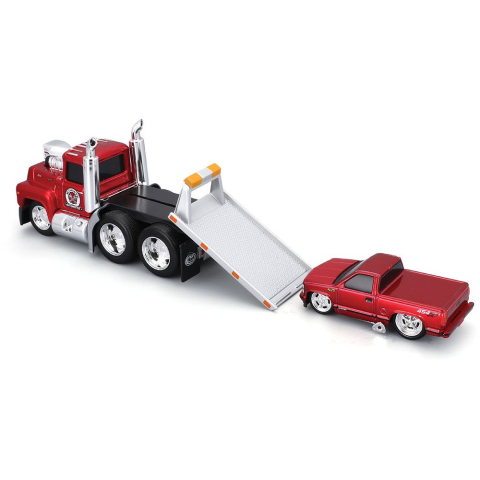 MAISTO MUSCLE TRANSPORTS SET CAMION CU PLATFORMA MACK R685ST FLATBED 1980 SI MASINUTA CHEVROLET 454 SS PICKUP 1993 SCARA 1 LA 64 [2]