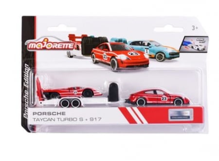 Masinute, Motociclete, Elicoptere, Avioane & Trenulete - Majorette Set 2 Masinute Si Remorca Porsche Taycan Scara 1:64