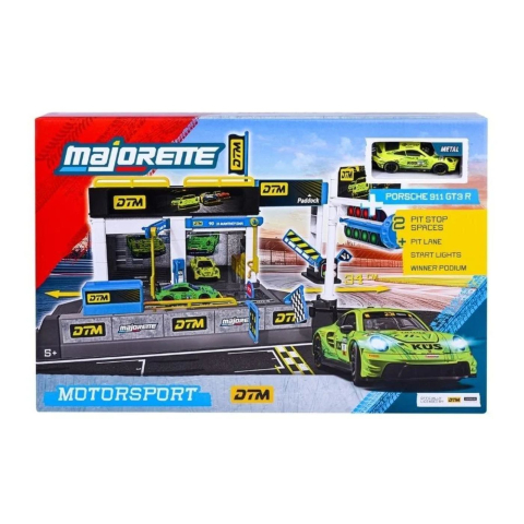 Vehicule și mașinuțe - MAJORETTE SET MOTORSPORT DTM CU MASINUTA INCLUSA PORSCHE 911 GT3 R SCARA 1 LA 64