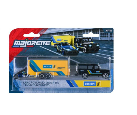 Jocuri si articole copii - MAJORETTE TRANSPORTER SET REMORCA DE CURSE DELUXE LAND ROVER DEFENDER 110 SI MASINUTA TOYOTA GR SUPRA