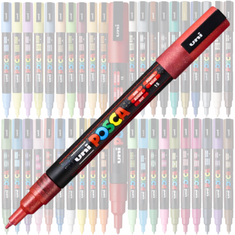 Marker PC-3M Posca cu vopsea pe baza de apa,varf fin, 0.9-1.3 mm,rosu cu sclipici [1]
