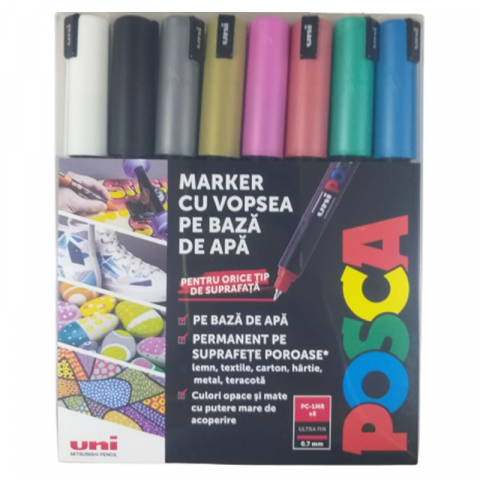 Marker UNI PC-1MR Posca 0.7 mm varf fin metalic,set 8 culori metalizat [1]