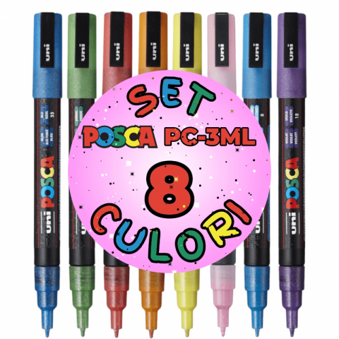 Produse art & craft-Lucru manual - Marker UNI PC-3ML Posca 0.9-1.3 mm,varf fin,set 8 culori cu sclipici