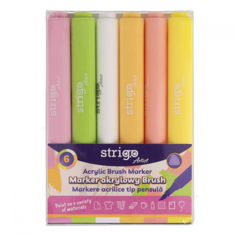 Markere colorate - Markere acrilice Strigo – 6 culori deschise, vârf pensulă