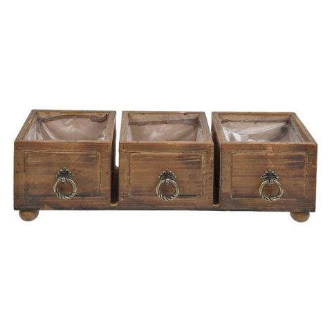 Ghivece si lazi decorative - Masca 3 compartimente pentru ghiveci din lemn cu maner metalic,maro,38x11x12 cm