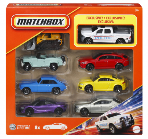 Jocuri si articole copii - MATCHBOX SET 8 MASINUTE METALICE EXCLUSIV CAMIONETA POLITIEI SCARA 1 LA 64
