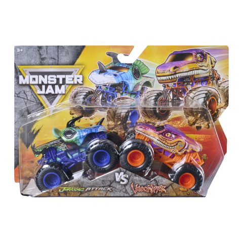 Avioane si Elicoptere jucărie - MONSTER JAM SET 2 MASINUTE METALICE JURASSIC ATTACK SI VELOCIRAPTOR SCARA 1 LA 64