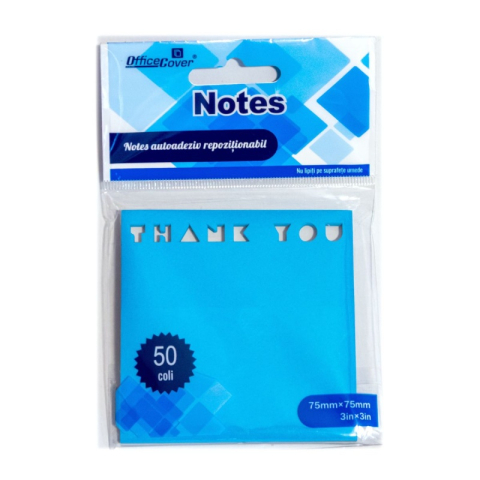 Notesuri adezive - Notes adeziv ștanțat Office Cover H1 Thank You, 50 coli, 75 x 75 mm, albastru neon