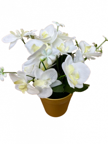 Orhidee alba artificial decorativa in ghiveci auriu din plastic, 8x25 cm [1]