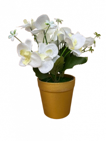 Decoratiuni - Orhidee alba artificial decorativa in ghiveci auriu din plastic, 8x25 cm