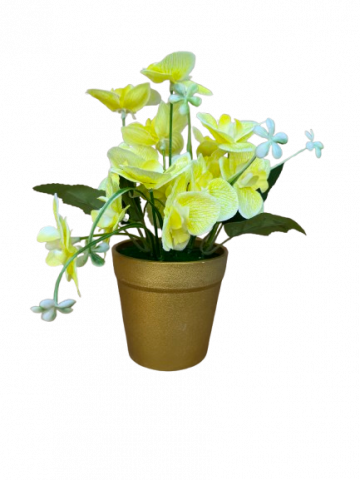 Decoratiuni - Orhidee galbena artificial decorativa in ghiveci auriu din plastic, 8x25 cm