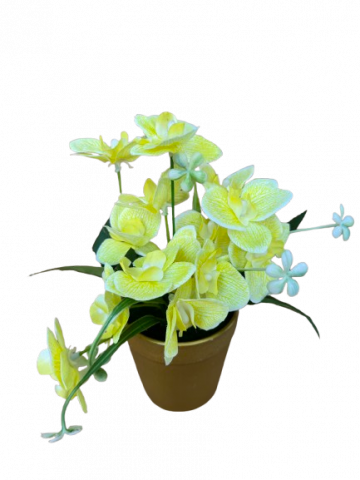 Orhidee galbena artificial decorativa in ghiveci auriu din plastic, 8x25 cm [1]