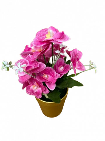 Orhidee roz artificial decorativa in ghiveci auriu din plastic, 8x25 cm [1]