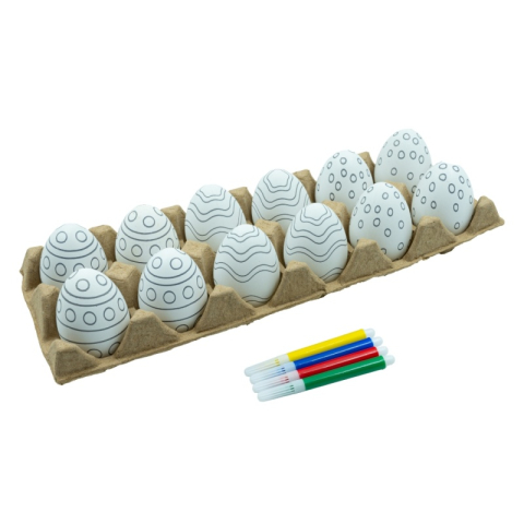 Seturi creative pentru copii - Ouă din plastic cu cofraj – set 12 bucăți, 6 cm, albe cu modele + 4 carioci