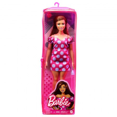 Papusi & accesorii - Papusa Barbie Fashionista Șatenă cu Rochie Roz cu Buline 