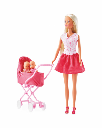 Papusa Steffi cu Fustă Roz, Cărucior și Gemeni  [1]