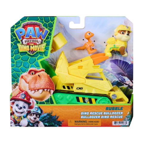 Avioane si Elicoptere jucărie - PATRULA CATELUSILOR FILMUL CU DINOZAURI SET DINO VEHICUL BULDOZER CU FIGURINA RUBBLE SI ACCESORII 15CM