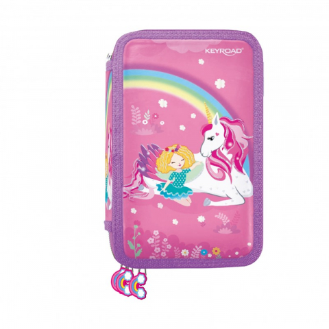 Penare - Penar echipat cu 3 compartimente, roz,design unicorn, 20x14x6 cm