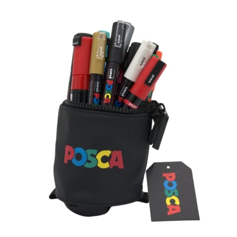 Produse art & craft-Lucru manual - Penar echipat UNI Posca Stand UP, cilindric, negru – 18 markere incluse