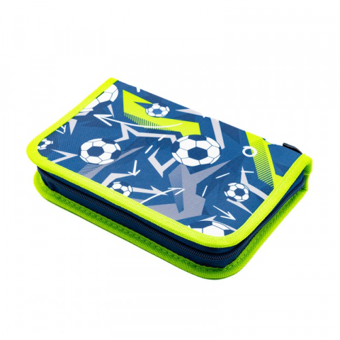 Penare - Penar neechipat Fotbal,1 compartiment, 2 extensii, albastru cu verde,20x14x4 cm