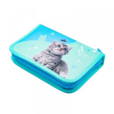 Papetarie & Birotica - Penar neechipat Kitty,1 compartiment, 2 extensii,albastru cu turcoaz,20x14x4 cm