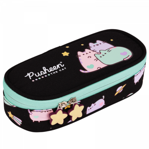 Papetarie & Birotica - Penar neechipat Pusheen, 1compartiment, 1 extensie, negru cu verde pastel,23x11x6 cm