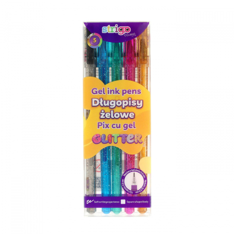 Pixuri - Pix cu gel Strigo Glitter, 0.8mm, 5 culori/set