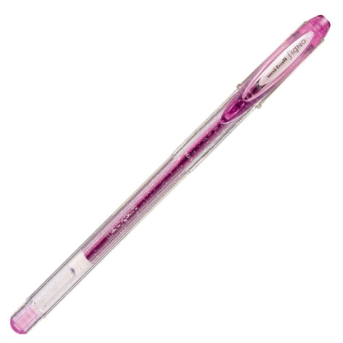 Pix cu gel Uni-ball Sparkling UM-120SP, 0.7mm,cu capac,corp transparent,scris mov cu sclipici