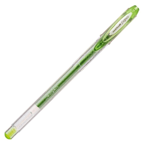 Pix cu gel Uni-ball Sparkling UM-120SP, 0.7mm,cu capac,corp transparent,scris verde mar cu sclipici