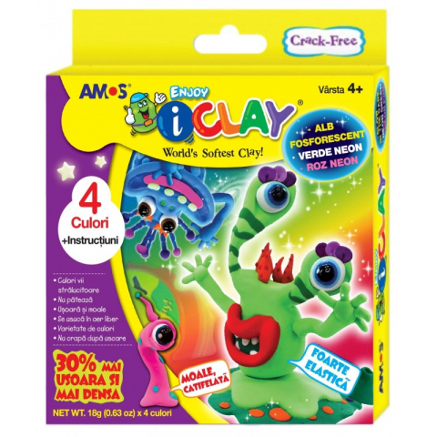 Plastilina - Plastilina iClay-set 4 culori cu instructiuni,pastel, 2 neon si fosforescent,4 ani