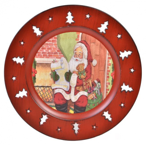 Articole pentru Craciun - Platou rotund decorativ cu model bradut si om de zapada,plastic,33 cm
