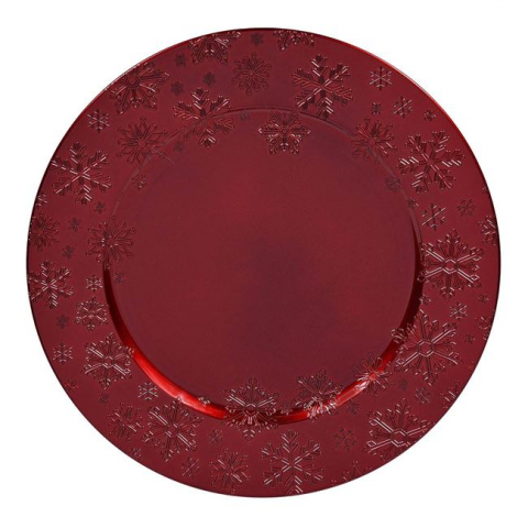 Articole pentru Craciun - Platou rotund decorativ cu model fulg de nea,rosu,plastic,33 cm