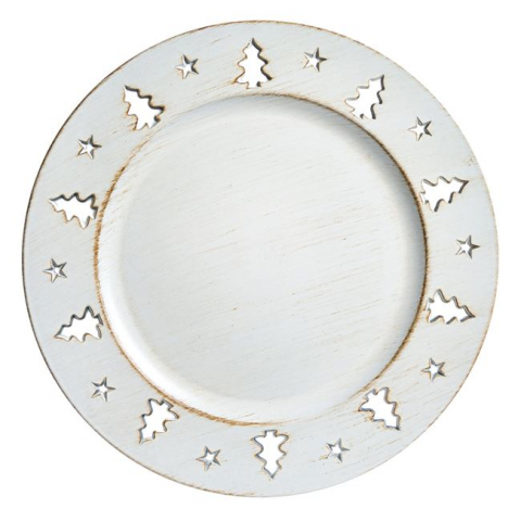 Articole pentru Craciun - Platou rotund decorativ cu model pe margine bradut,bej,plastic,33 cm