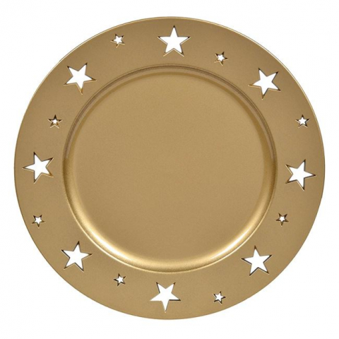 Articole pentru Craciun - Platou rotund decorativ cu model stelute pe margine,auriu,plastic,33 cm